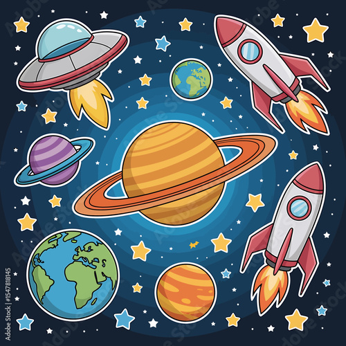 Cartoon Space Adventure Rockets, Planets, and UFOs Illustration