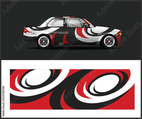 Race Car Vector Illustration with Abstract Black White and Red Swirl Design