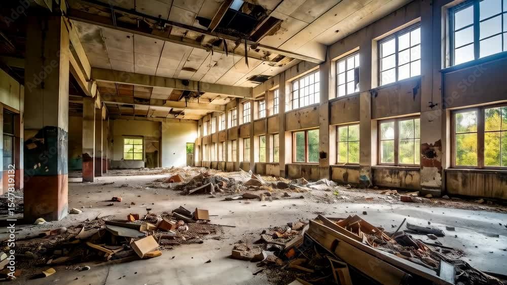 Dilapidated industrial hall interior with broken windows, debris, and damaged ceiling in abandoned building with natural light streaming in