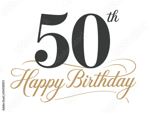 elegant 50th happy birthday celebration design featuring stylish black and gold typography with ornate accents on classic white background