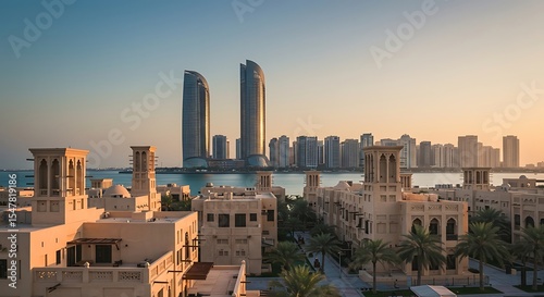Beautiful Abu Dhabi skyline featuring modern skyscrapers and traditional architecture at sunset, UAE cityscape panorama