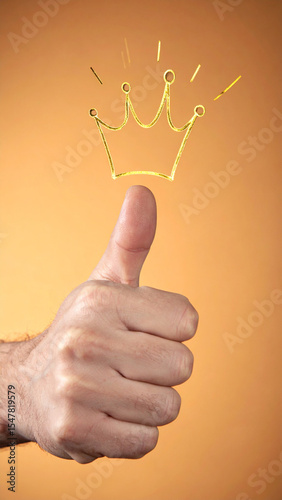 A hand gives a thumbs up with a golden doodle crown above the thumb on a golden background, indicating approval or success.