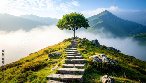 Scenic mountain landscape with stone stairs leading to a solitary tree on a hilltop amidst a sea of fog, with mountain peaks in the background.