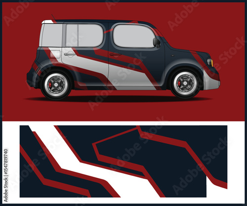 Car wrap design with red and white geometric shapes on a dark background