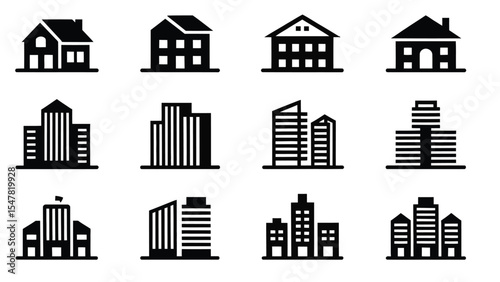 collection of black silhouette icons featuring diverse building types including residential houses, commercial blocks, and skyscrapers