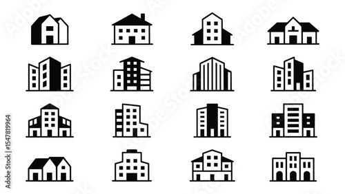 collection of 16 black and white line icons showcasing residential, commercial, and institutional building types for architectural design