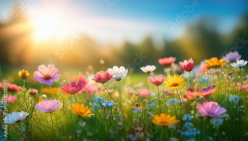 nature floral background in early summer colorful natural spring landscape with with flowers soft selective focus generative ai illustration