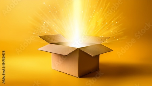 mystical golden light burst emanating from open cardboard box on yellow background