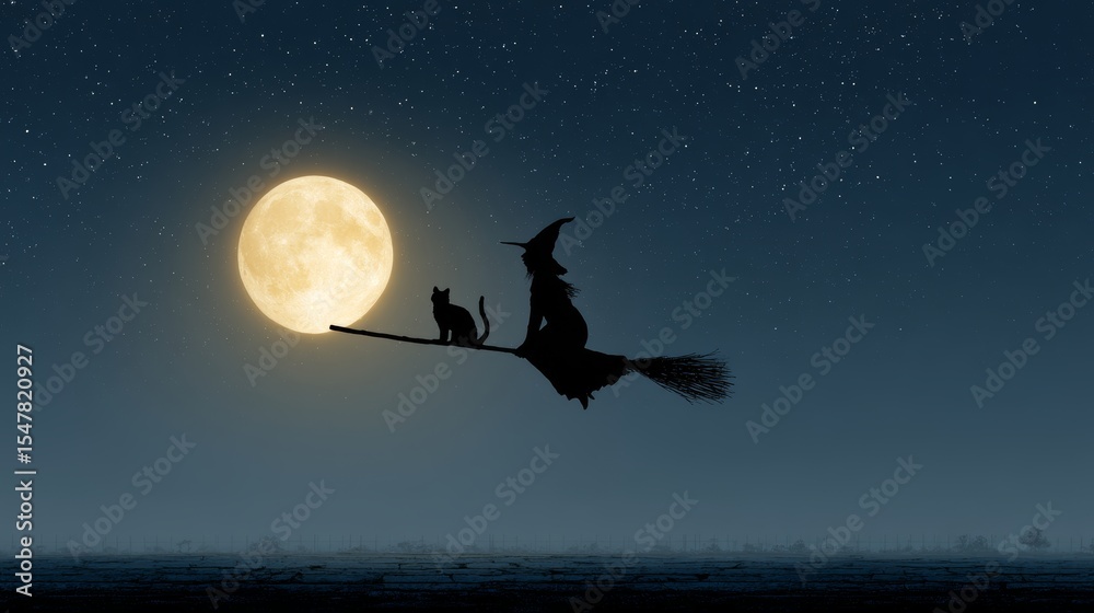 Fototapeta premium Witch silhouette and cat on broomstick flying against full moonlit night sky