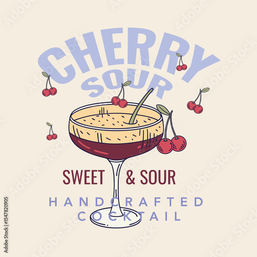 Cherry Cocktail T shirt Design. Negroni cocktail Vintage vector with ice and slice of orange for cocktail bar or Cherry drink summer party.