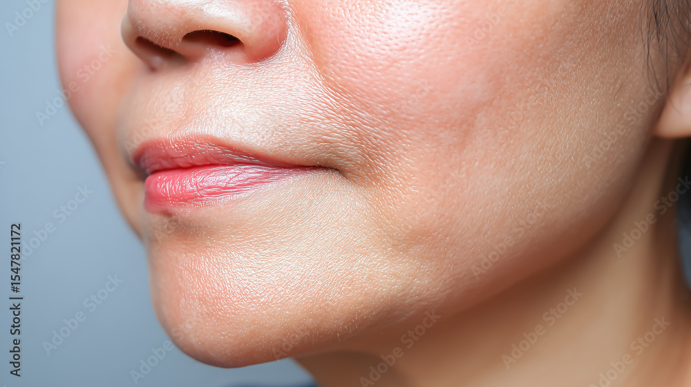 Obraz premium Close up of chin and lips showing subtle skin texture and natural complexion with soft lighting and calm expression