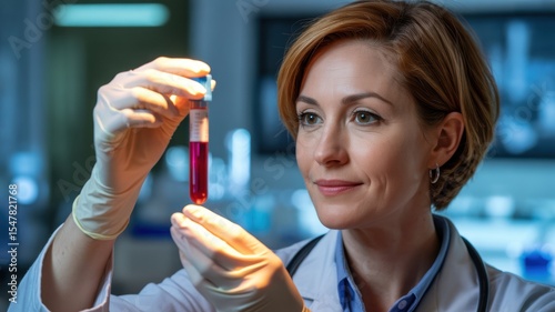 Doctor holding medical test tube with sample in laboratory, healthcare professional analyzing specimen for research or diagnosis, early disease detection and prevention concept.