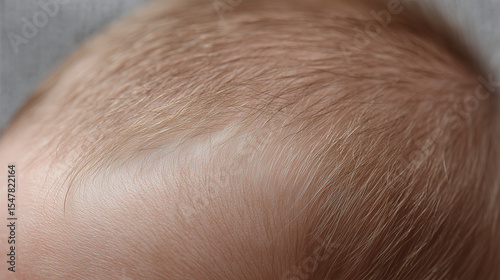 Baby scalp with fine soft hair close up, showing delicate skin texture and light brown hair strands in natural lighting, capturing gentle and tender nature of infancy