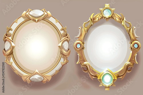 round photo frame, metal gold, interior pattern vector