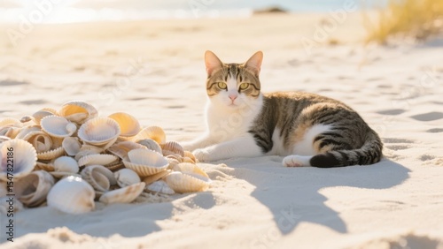 A tabby cat lounges on a sandy beach surrounded by seashells.
