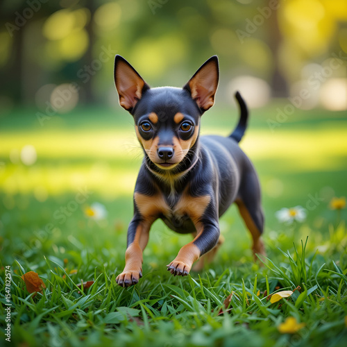 Young little miniature pinscher is playing in the park on a warm summer day