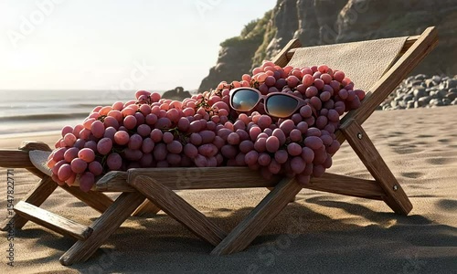 A cluster of pink grapes rests on a wooden beach chair, sunglasses perched atop