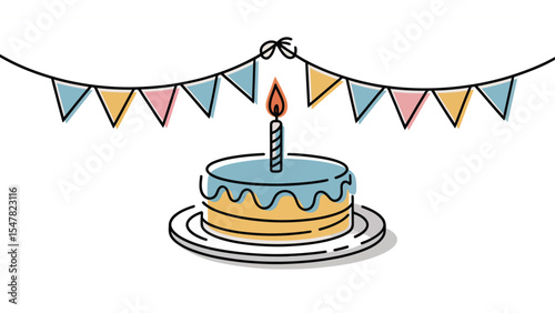 colorful birthday cake with single candle and festive bunting flags on blue background, ideal for celebrations and party invitations