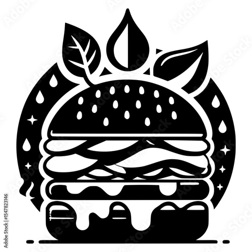 Black and white detailed icon of vegetarian burger with lettuce, tomato, and bun, isolated vector for healthy food and fast food design

