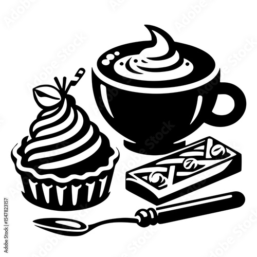 Black and white detailed icon of cappuccino coffee cup with creamy dessert, spoon, and nut bar, isolated vector for cafe and breakfast design
