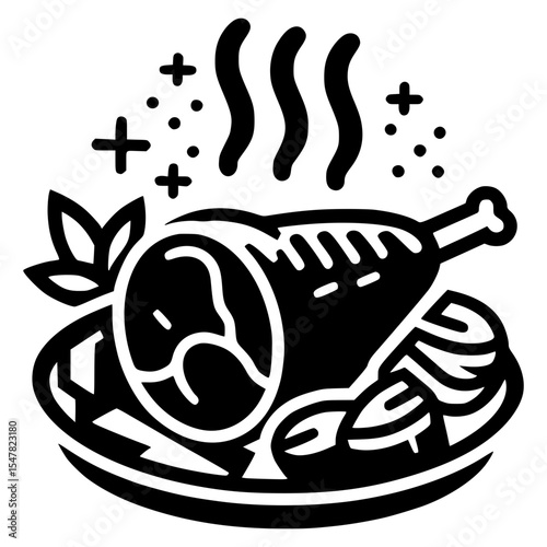 Black and white detailed icon of hot roasted ham leg on plate with potato pieces, isolated vector for food and dinner design
