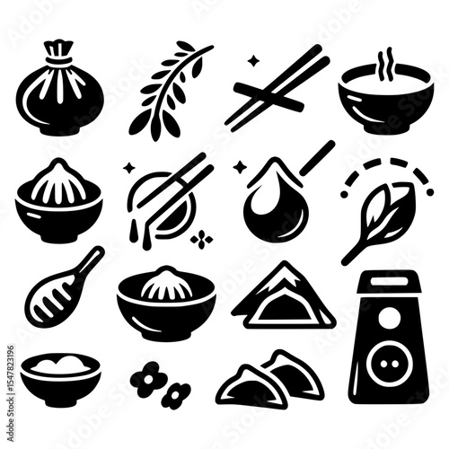 Black and white detailed icon of dumpling preparation with dumplings, ingredients, and chopsticks or cutlery, isolated vector for Asian cuisine design
