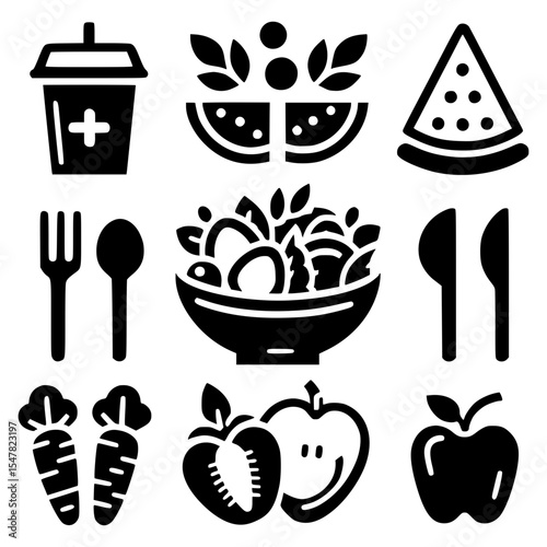 Black and white detailed icon of salad preparation with bowl, fresh ingredients, and cutlery, isolated vector for healthy food design