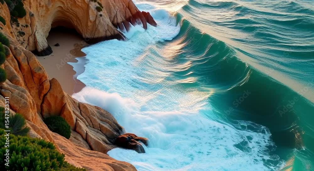 stunning view ocean top cliff waves crashing rocks plants left side resolution