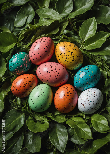 Brightly Colored Easter Eggs with Speckles Resting on Green Leaves