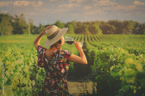 Asian woman drinking red wine at vineyard during her vacation