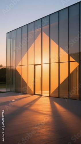 Modern Glass Building with Geometric Shadows at Sunset