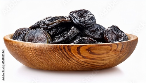 dried plums in wooden bowl isolated on white background close up