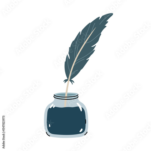 Inkstand with a quill pen isolated on a white background. Vector hand-drawn illustration in flat style. Perfect for decorations, logo, various designs.