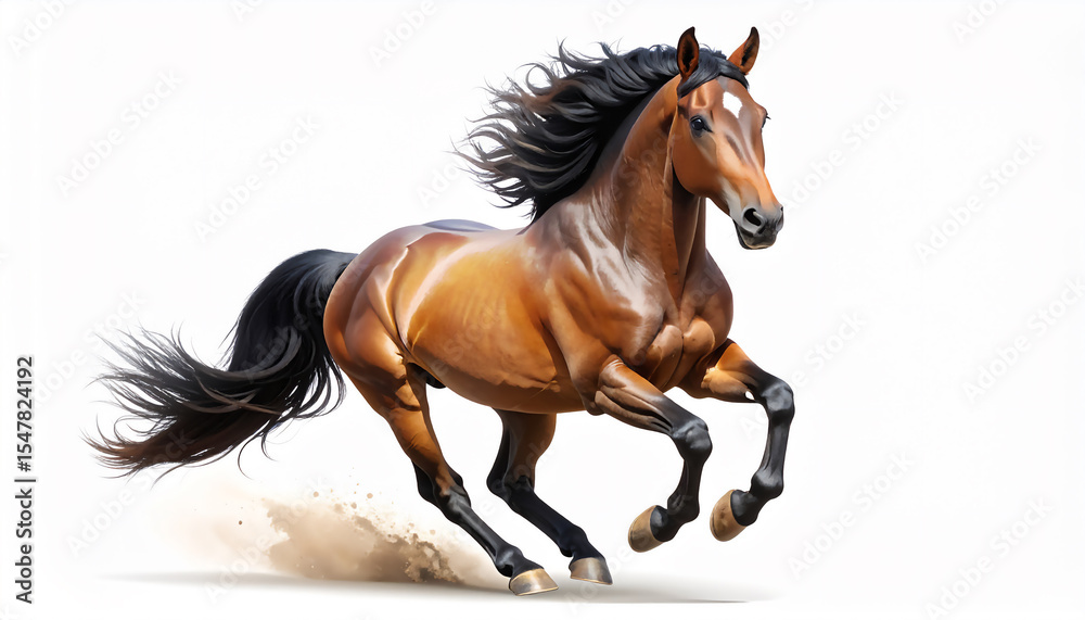 Obraz premium 力強く美しく走る馬、かっこいい茶色い競走馬、年賀状イラスト素材、生成AI画像