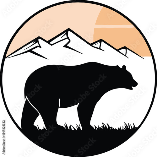 Stylized bear silhouette against a warm sunset and sharp snowy peaks. Perfect for rustic adventure brands, wildlife conservation campaigns, and outdoor lifestyle marketing.