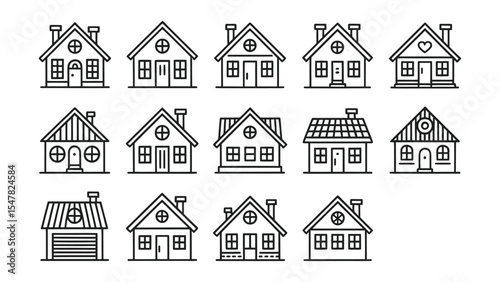 set of 15 hand-drawn house icons featuring diverse architectural styles with chimneys, windows, doors, and various roof designs