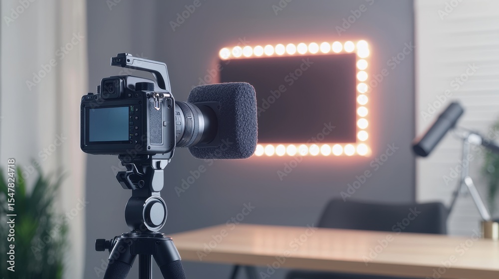 Fototapeta premium Professional Video Camera Setup for Live Podcast Recording in Modern Studio Environment