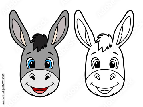 Cute cartoon donkey head illustration, with one colored gray version and one black and white outline. Ideal for farm animal themes or coloring pages.