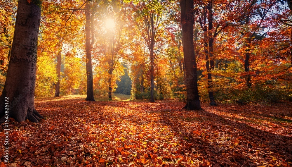 Obraz premium colorful autumn leaves falling from trees in a tranquil forest setting during daylight hours