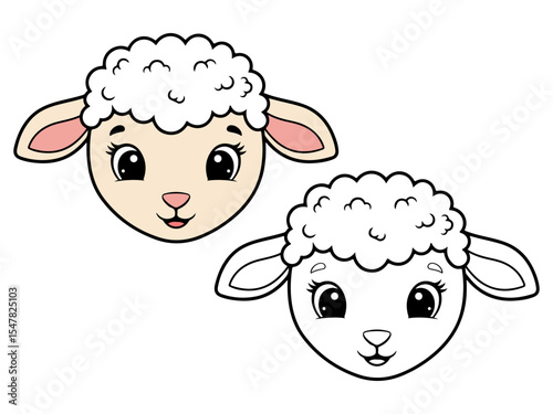 Cute cartoon sheep head illustration, with one colored version (white wool, pink ears) and one black and white outline. Ideal for farm animal themes or coloring pages.