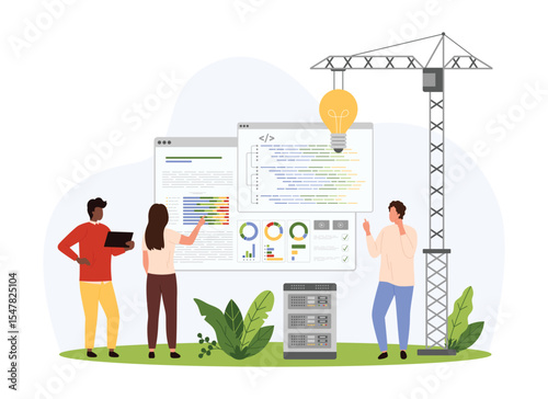 New coding solution in development of mobile applications and software. Tiny people and construction crane with light bulb work on program code, developer brainstorm cartoon vector illustration