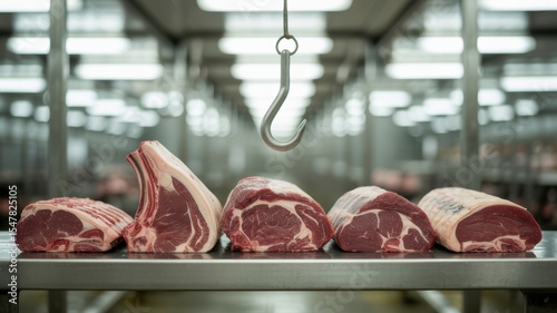 Fresh raw beef cuts on stainless steel table in industrial meat processing facility. Butchery, food production, meat industry and culinary ingredients concept.