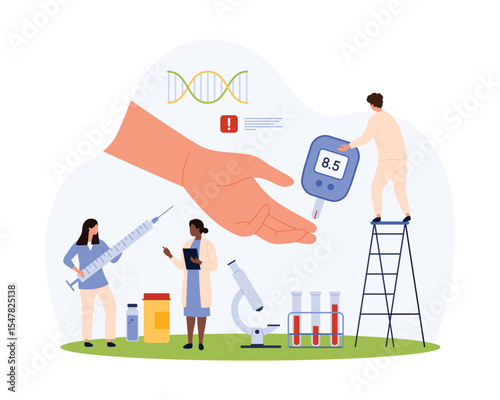 Diabetes, hypoglycemia or hyperglycemia diagnosis and treatment vector illustration. Cartoon tiny people holding glucometer to control blood sugar level of patient, doctors take insulin injection