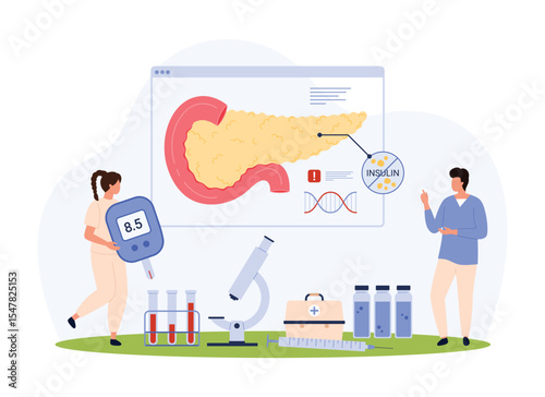Diabetes type 1 and 2, diagnosis of endocrinology vector illustration. Cartoon tiny people research pathology of pancreas and receptors to insulin on infographic anatomy chart, holding glucometer