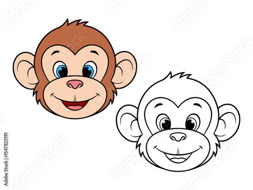 Cute cartoon monkey head illustration, with one colored version and one black and white outline. Ideal for animal themes or coloring pages.