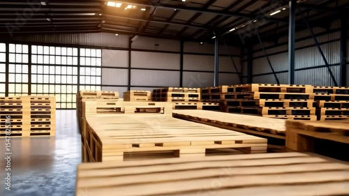 Stack of wooden pallets inside warehouse during the daytime. Large inventory of supply in a logistics facility ready for distribution.