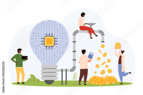 Money flow of income from digital project, intellectual property. Tiny happy people reach financial freedom, count coins flowing out of faucet with light bulb connection cartoon vector illustration