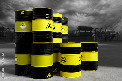 Barrels with uranium. Nuclear waste tanks. Radiation hazard symbol. Barrels under gray sky. Industrial pollution concept. Radioactive fuel production. Uranium production. Radiation zone. 3d image