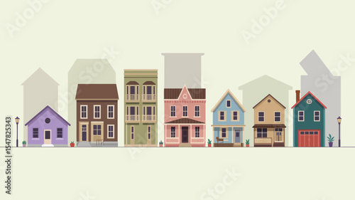 charming row of pastel-colored suburban houses with unique architectural designs and vibrant facades in a peaceful residential area