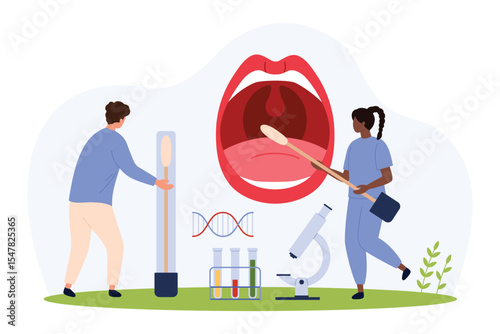 DNA tests, paternity genetic research technology vector illustration. Cartoon tiny people holding long buccal cotton swab to take saliva sample from big open mouth of patient, doctors check probes